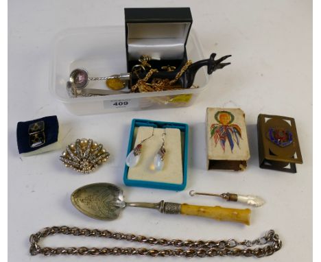 Masonic cufflinks, match holders, East Africa 1 shilling novelty spoon, silver handled tweezer, plated spoons, opal coloured 