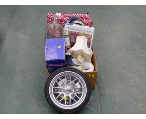Car alloy wheel style clock and box of homeware - demi john etc