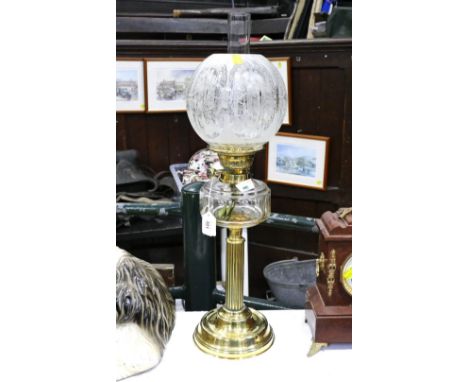 Large brass Duplex column lamp with etched glass shade