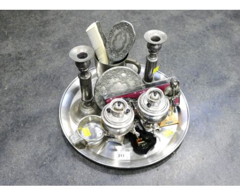 Highland Park Scotch Whisky metal tray, two miniature metal Samovars and quantity of metal and pewter ornaments, candlesticks
