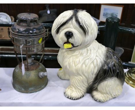 Vintage storm lantern and Old English Sheepdog large plaster figure 36 cm high
