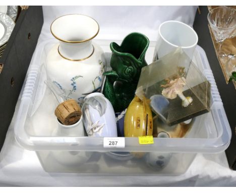 Box of Royal Worcester Kingfisher vase, Rosenthal floral patterned vase, Dartmouth fish formed vase and other trinkets etc