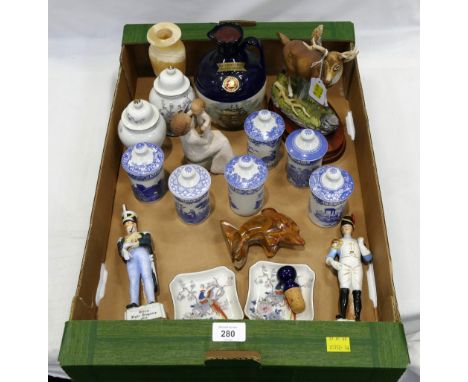 Box of figurines, deer ornament, Spode Blue Room collection, spice jars, Rutherford Scotch Whisky decanter 70 cl with content