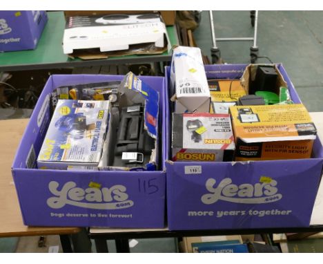 Two boxes of boxed power tools, Power Craft electric planer and multifunction tool, Bowsun drill sharpening machine, Work Pro