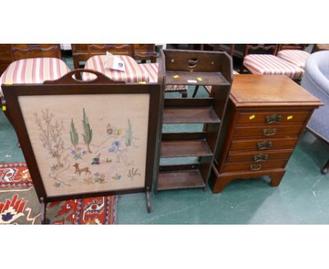 Victorian music cabinet, small bookcase and firescreen