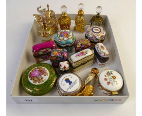Porcelain hinge lidded miniature trinket pots containing tiny perfume bottles and ornate metal filigree perfume bottles etc