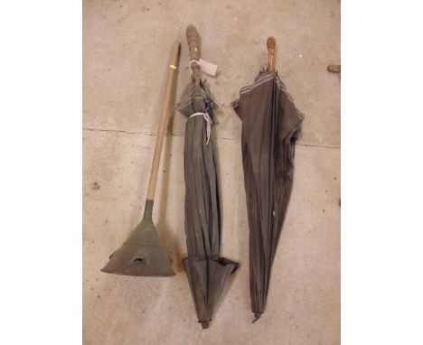 Two Vintage umbrellas and copper wash dolly