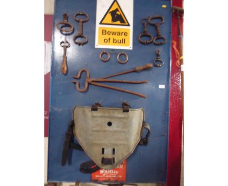 A bull board, various tools and mask
