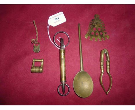 A Salter spring balance; a small combination lock; a pair of brass nut crackers; a Bell gauge by Walker &amp; Son;&nbsp;and a