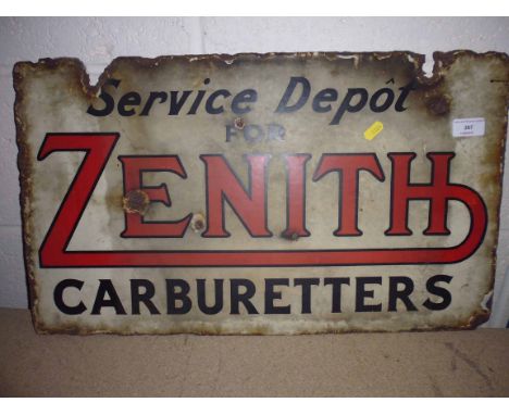A double sided "Zenith Carburettors" enamel sign, measuring approx. 24ins x 14ins