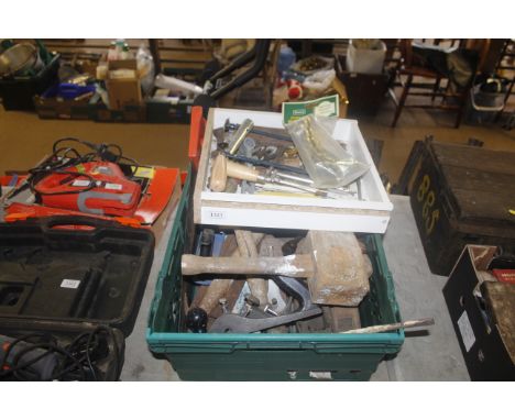 Two boxes containing various hand tools, mallets and woodworking planes