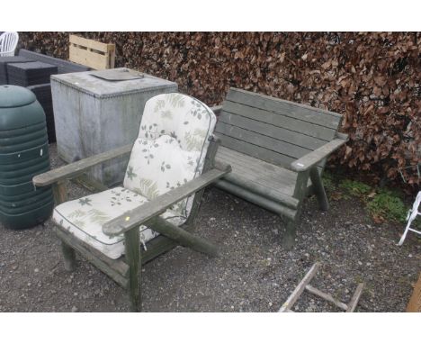 A wooden garden bench and chair