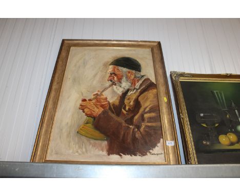 An oil on canvas portrait study of a man with a pipe, contained in a gilt frame, indistinctly signed