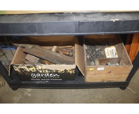 Two boxes containing vintage hand tools, nuts and bolts etc.