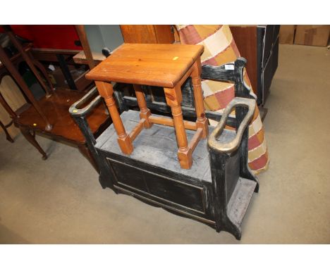 A painted bench having lift up storage together with a pine side table 