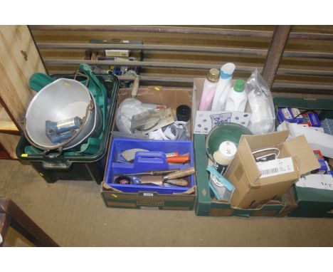 Three boxes containing preserve pans, hand tools etc.