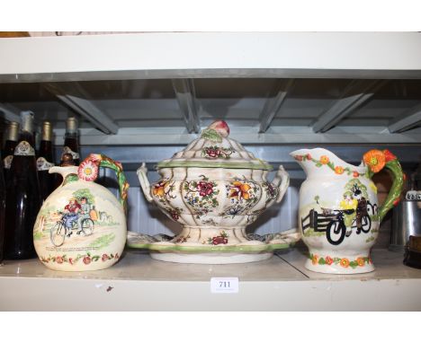 Two Crown Devon jugs together with a Capo Di Monte floral decorated tureen and cover and a meat platter