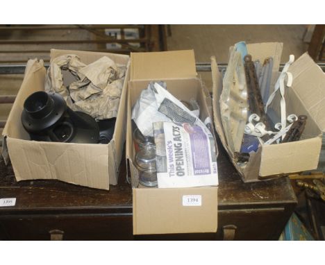Three boxes containing drinking glasses, shelf brackets and a outdoor speaker