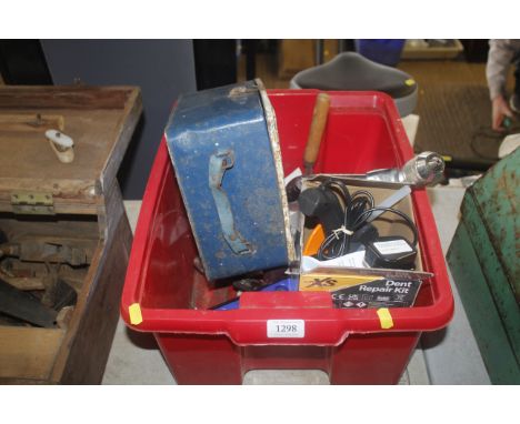 A box containing camping gas stove, various hand tools, glue gun set etc.