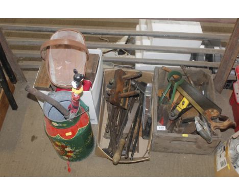 Three boxes containing various hand tools, wooden trugs, painted decorated churn etc.