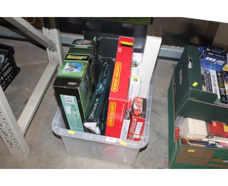 A box containing various toys to include Hornby Railways operating turntable set, Airfix model kits etc.