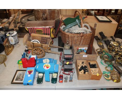 A wicker basket; wooden advertising box; a quantity of various chess pieces; Walt Disney movie viewers; die cast vehicles; wo