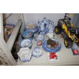 A collection of various blue and white china to in