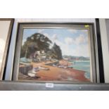 R Vron Jones, oil on board depicting a beach scene