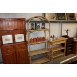 A cane and wicker shelving unit