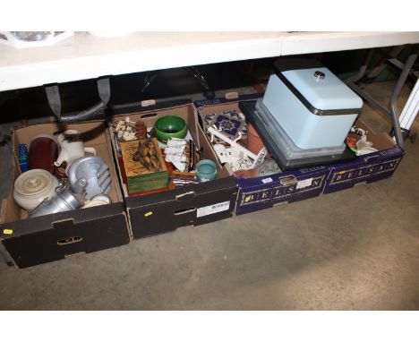 Four boxes containing various sundry items; to include Studio Pottery, model boats, bread bin etc.