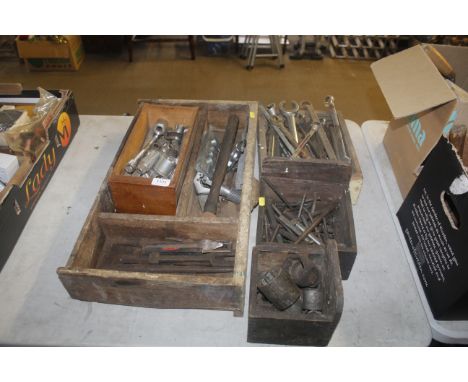 Four wooden boxes and contents of various hand tools to include spanners and chisels