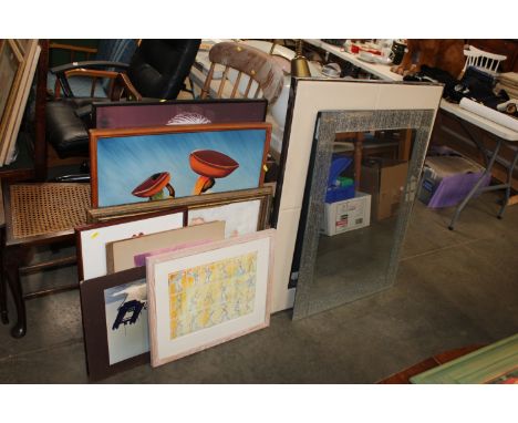 A modern framed mirror, a still life study, another mirror and a collection of various pictures and prints