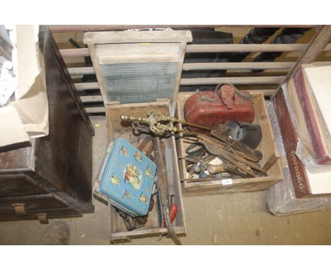 Two wooden boxes with contents of various hand tools, fire irons and a wash board