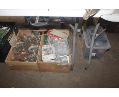 Three boxes containing mole traps, Kilner jars, furniture handles, Ordnance Survey maps etc.