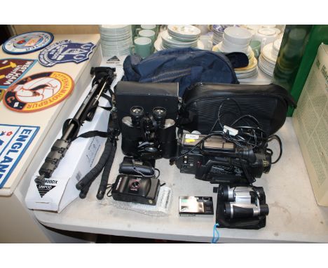 A Panasonic Camcorder; camera tripod; pair of binoculars etc.