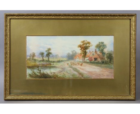 FRANK HIDER (1861-1933) A drover &amp; flock on a country path with ducks at the pond. Signed &amp; dated 1911, Watercolour: 