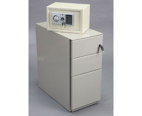 An art-metal light grey small three-drawer filing cabinet, 11¾” wide x 25” high x 23¾” deep; &amp; a Safewell electronic safe