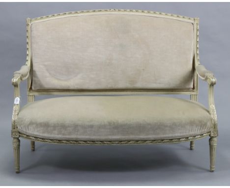 An 18th century-style French carved &amp; painted wooden frame two-seater sofa, with padded back, sprung&nbsp;seat &amp; open