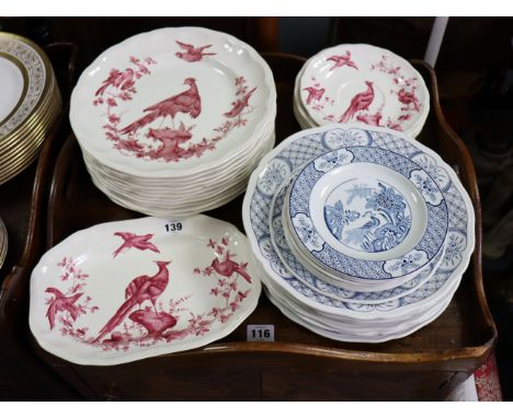 Seventeen items of Spode pink &amp; white transfer printed dinnerware with game-bird design; &amp; sixteen matched items of b