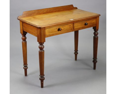 A late Victorian mahogany side table fitted two frieze drawers, &amp;U on turned &amp; tapered legs, 35” wide x 29” high x 17