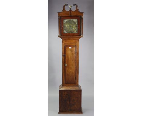 A late 18th century longcase clock, the 10” square brass dial with engraved birds &amp; flowers to centre, single hand, 30-ho