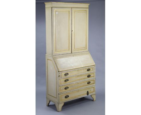 A light grey &amp; gold painted wooden bureau-bookcase the upper part fitted three shelves enclosed by a pair of panel doors,