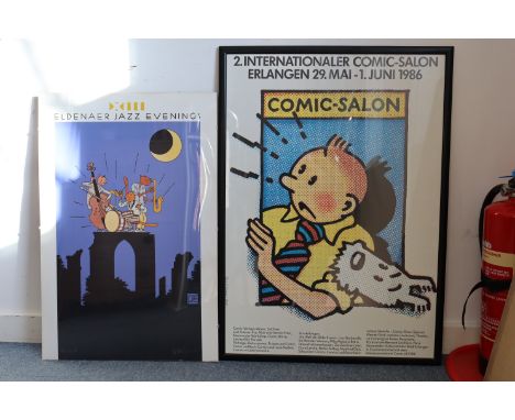 Various decorative pictures &amp; prints including modern re-printed framed jazz posters, cartoons &amp; movie posters.