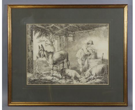 After GEORGE MORLAND (1763-1804) A black-&amp;-white print of a farmyard scene with donkey &amp; sows in a barn, 12” x 16¼”, 