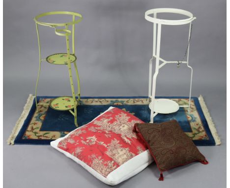 Two metal jug &amp; basin stands (one white, the other pale green); together with two modern rugs; &amp; two scatter cushions