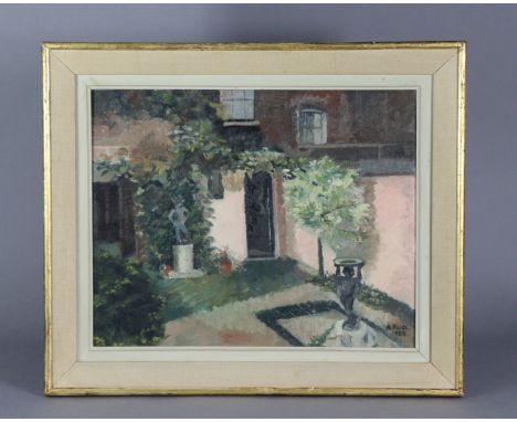 A. PRICE (20th century). A sun-lit courtyard with foliate &amp; statues.  Signed &amp; dated 1958 lower right; oil on artist’