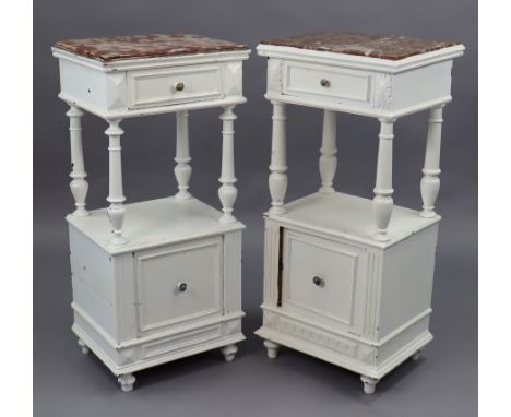 A pair of French white painted wooden marble-top bedside cabinets each fitted with a frieze drawer above an open recess &amp;