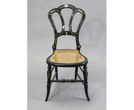 A 19th century mother-of-pearl inlaid ebonised occasional chair with woven-cane seat &amp; on turned legs with spindle stretc