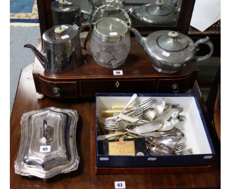 A silver plated rectangular entrée dish; a cut-glass biscuit barrel with plated cover; &amp; various other items of platedwar