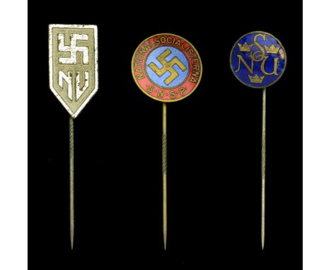 Second World War Lapel Badges. Three Swedish Third Reich sympathisers badges, circular red and blue for the SNFB label badge,